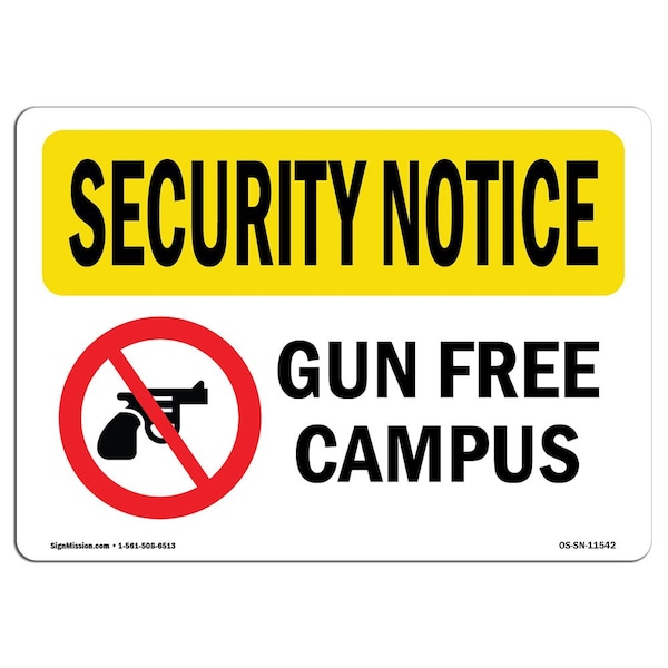 Safety Sign, OSHA SECURITY NOTICE, 3.5" Height, 5" Width, Gun Free Campus, Landscape, 10PK